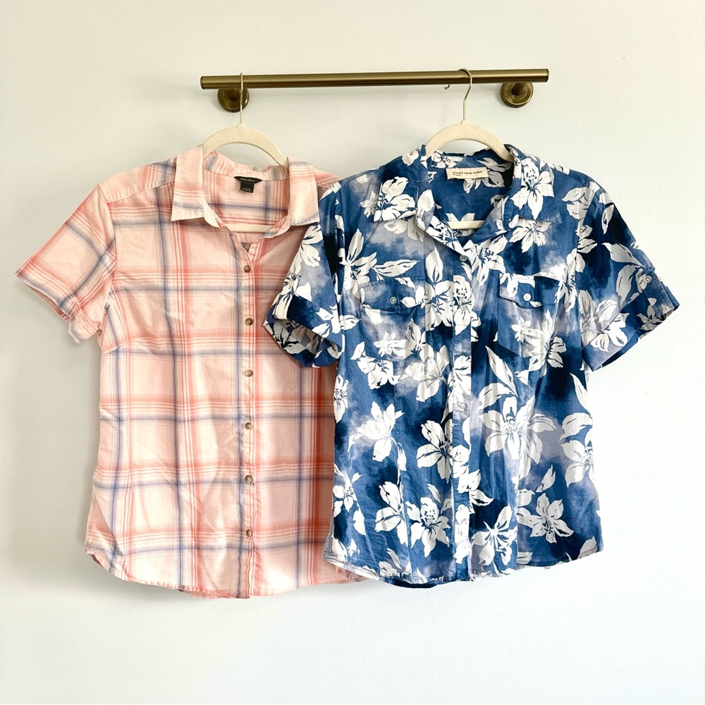 Two Hawaiian Button Up Short Sleeve Shirts - Plaid and Floral
